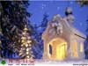 3D Christmas Cards with Realistic snowfall, An enlighted Christmas chapel with falling snow
